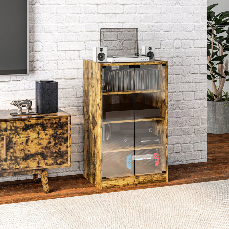 Rustic Brown Media Storage Cabinet - 4 With Adjustable Shelves & Tempered Glass Doors For Electronics, Player, Receiver, Gaming Console Stereo Cabinet, Finish, Shelves, Doors, Cable Organization And