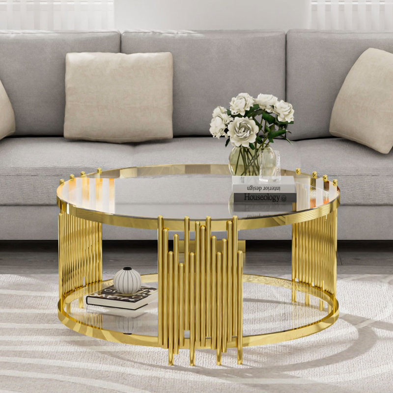 Bordeaux 35.4" Wide 2-Tier Round Glass Top Coffee Tables with Storage For Living Room Center Table Living Room Table, Clear