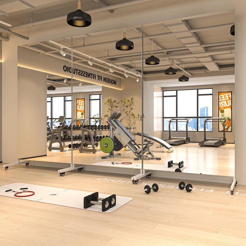 Home Gym Mirror 360° Swivel on Wheels,Extra Large Full Body Rolling Mirror, Tempered Glass Easy to Move Full Length Mirror for Yoga Studio, Bedroom, Dancing Studio 3-Year Warranty
