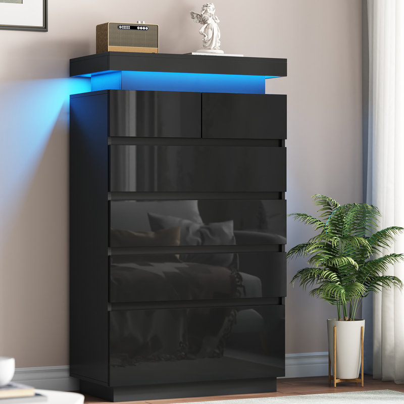 Tall Dresser With Led Lights, Glossy Wood Dresser With 6 Deep Chests Of Drawers For Bedroom, Black