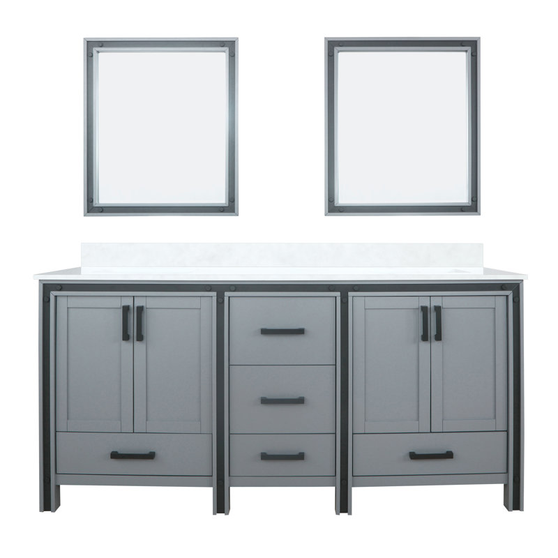 Ziva 72 in W x 22 in D Double Bath Vanity, White Top and 30 in Mirrors, White Cultured Marble, Dark Gray