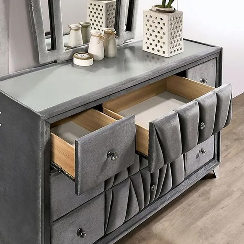 Commode 9 tiroirs en tissu avec accents capitonnés et bouton en acrylique, gris