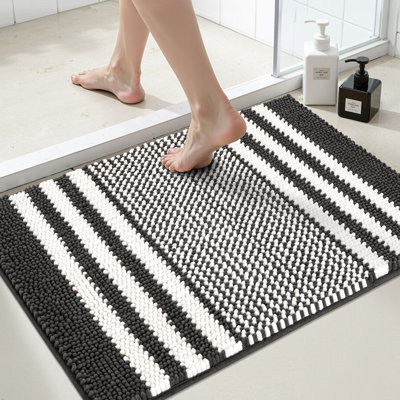 Modern Striped Chenille Bath Mat with Non-Slip Backing
