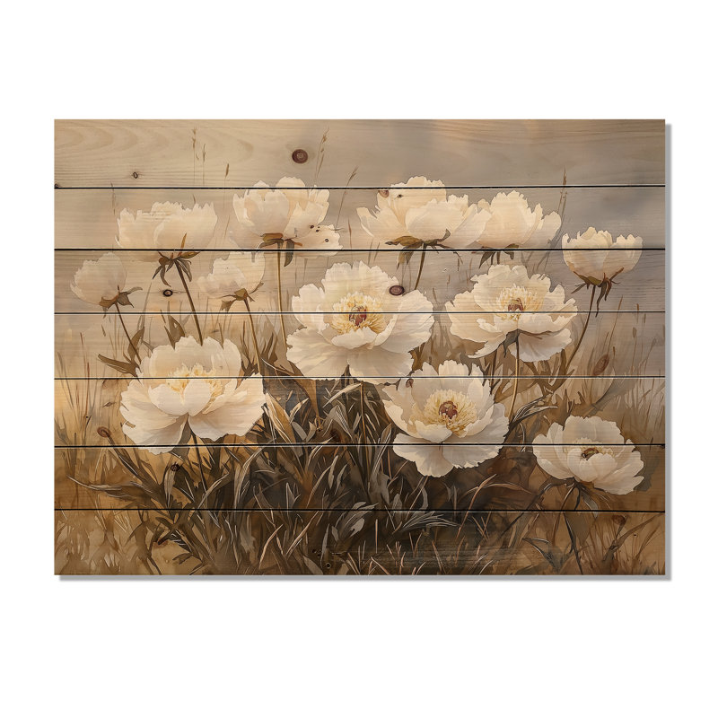 Peonies In The Barnyard Mist II - Peonies Wood Wall Art - On Natural Pine Wood, 24" H x 32" W x 0.78" D
