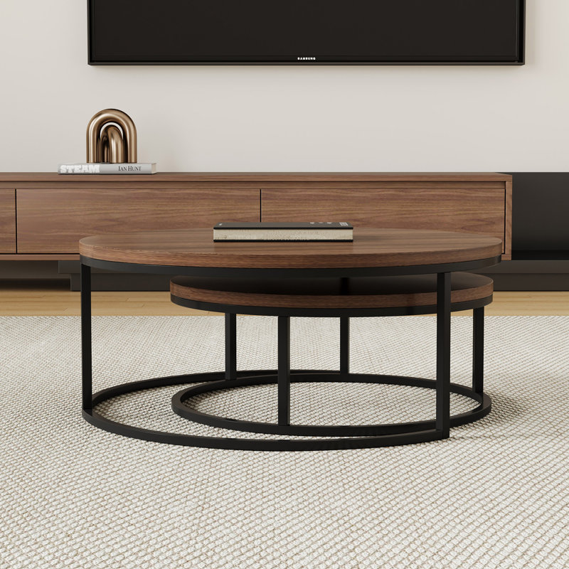 Modern Nesting Coffee Tables Set of 2, Round Walnut Wood Top with Black Metal Frame, Contemporary Living Room Tables, Brown