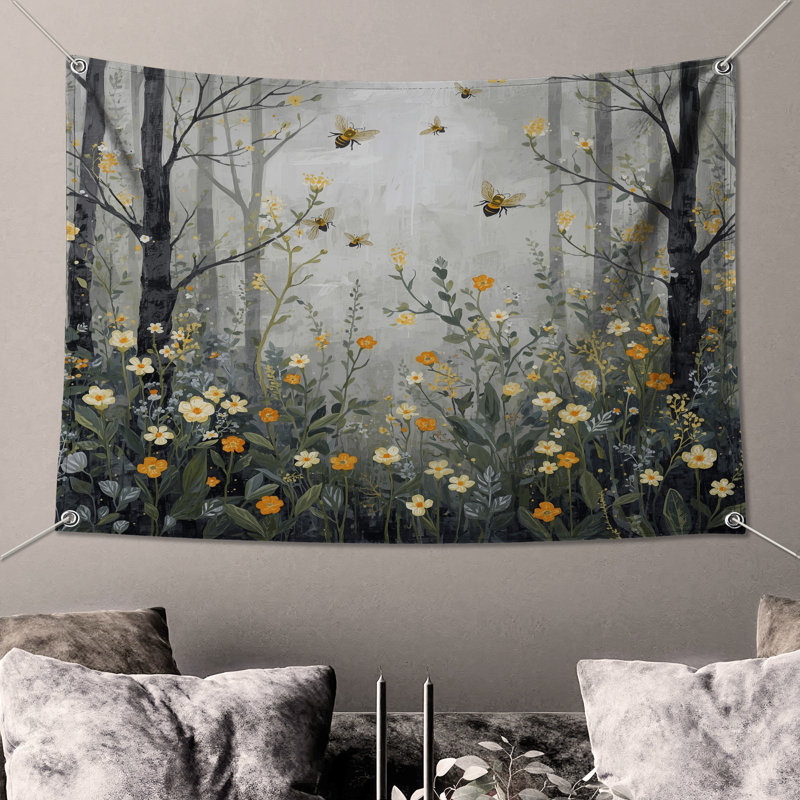 Tapisserie murale forêt avec fleurs sauvages, H 104 po x 88 avec 4 œillets