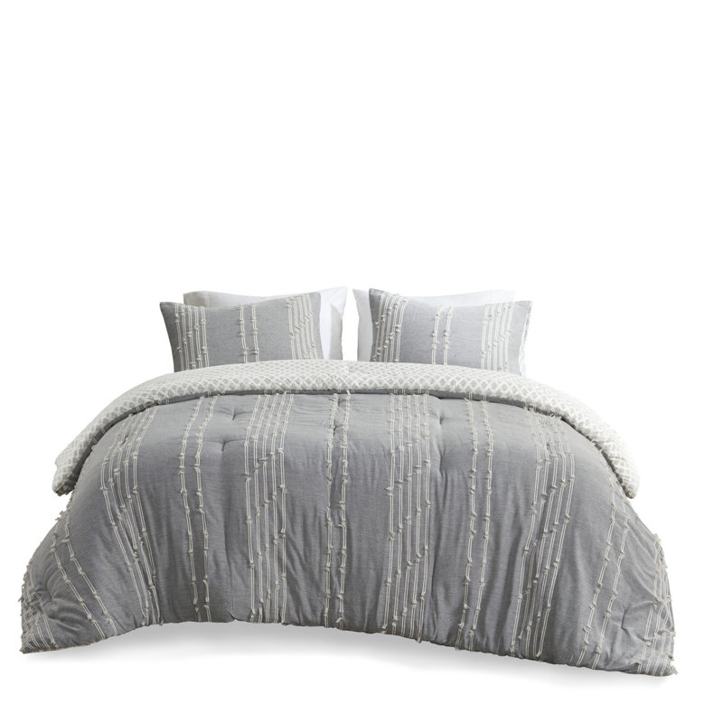 3 pièces d'édredon en coton double / grand gris. 100% avec rayures brodées colorées. Imprimé gris sur l'envers. Et 2 taies décoratives assorties. Lavable à la machine. . Aucune substance nocive grise double / grand. Motif vertical.