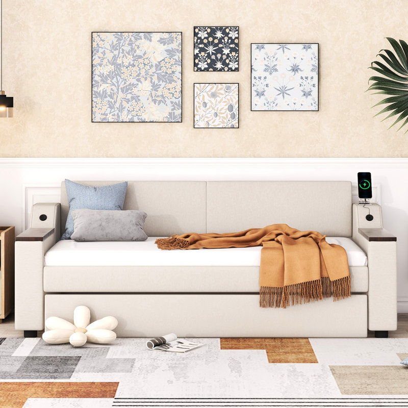 Lit de jour simple beige avec accoudoirs et rangement sans glissière, -