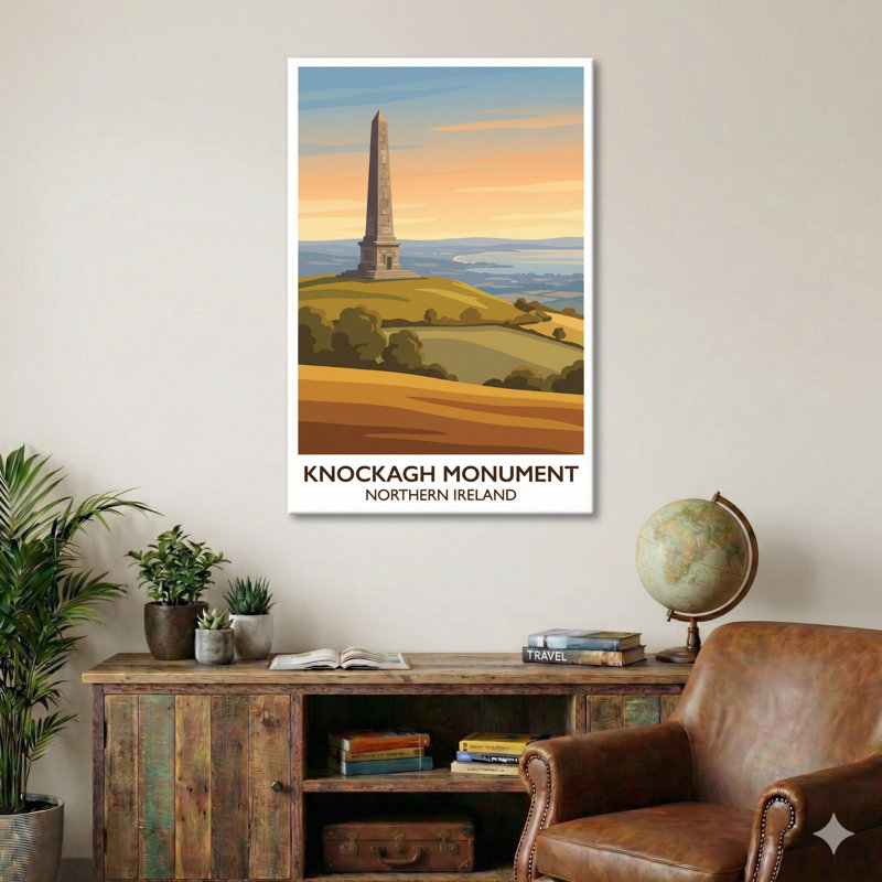 Knockagh Monument, Northern Ireland - Romantic Hilltop Obelisk Travel Poster. Giclee Print On Wrapped Canvas. Wall Art, Home Decor - Monuments & Sculptures, Northern Ireland - Wrapped Canvas Print