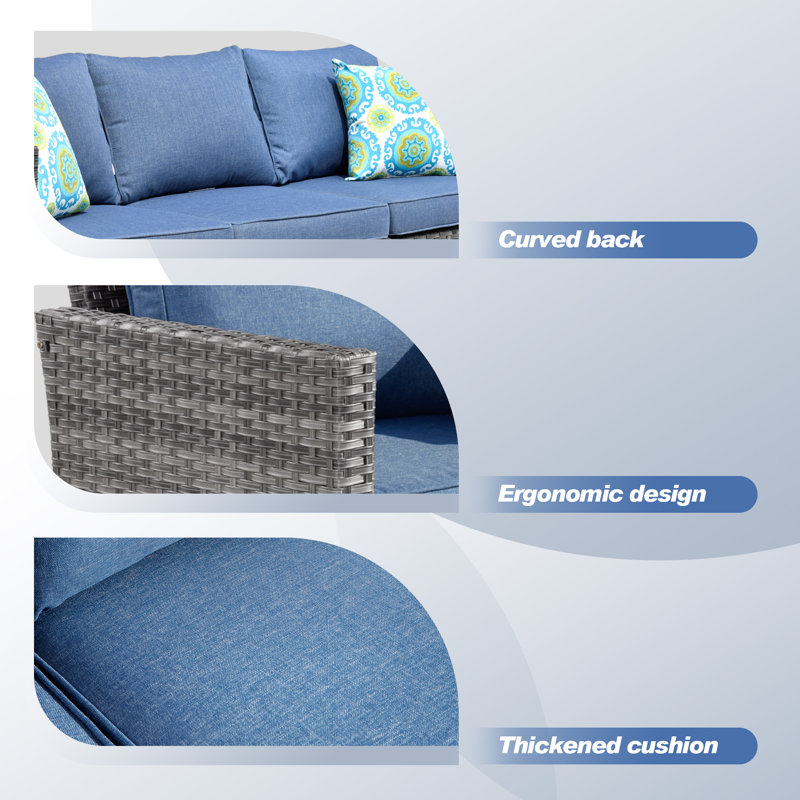 Premium All-Weather Wicker 5 - Person Patio Conversation Set with Cushions, Denim Blue