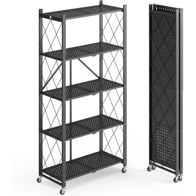 5-Tier Foldable Metal Shelving Unit With Lockable Wheels, No Assembly Required, Heavy Duty Rolling Storage Rack For Garage, Kitchen & Pantry