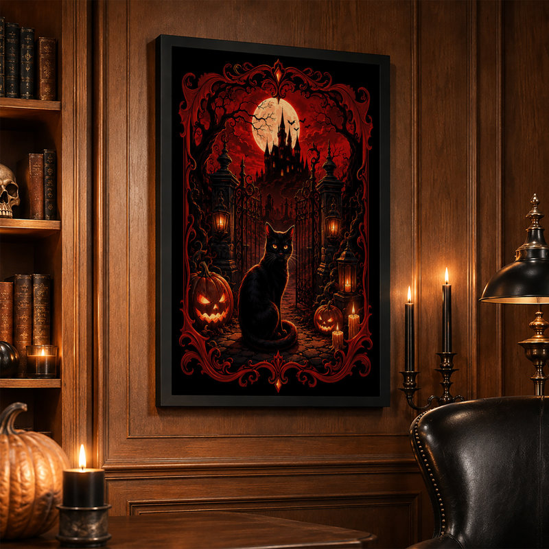 Art mural sur toile, "Chat noir au château hanté sous la lune rouge", H 30 po x l 20 po