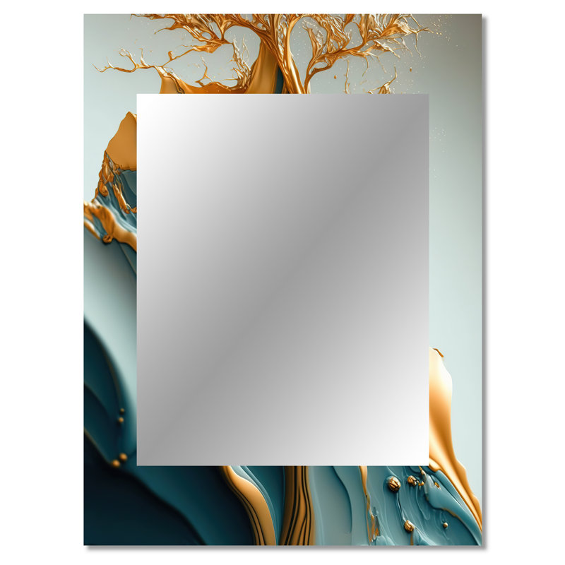 Abstrait bleu et feuilles dorées III - miroir décoratif à feuilles, grand miroir mural traditionnel, impression d'art en métal