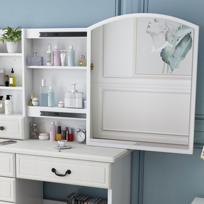 Bureau de coiffeuse blanc avec lumières et miroir - 3 options de couleurs, boîte de rangement spacieuse, rangement généreux et élégant, design