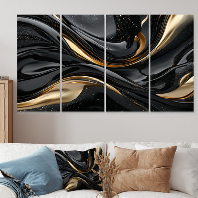 Captivating Gold and Black Marble I - Ensemble de décorations murales vagues abstraites modernes