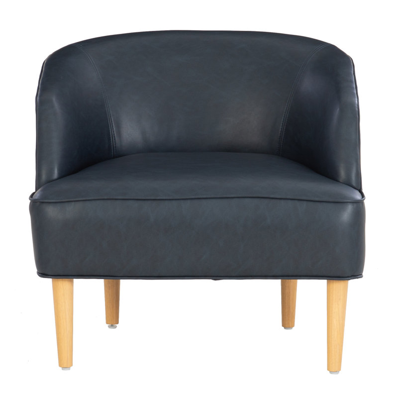 Ivayla Faux Leather Barrel Chair, Blue Faux Leather, Medium Yellow Wood