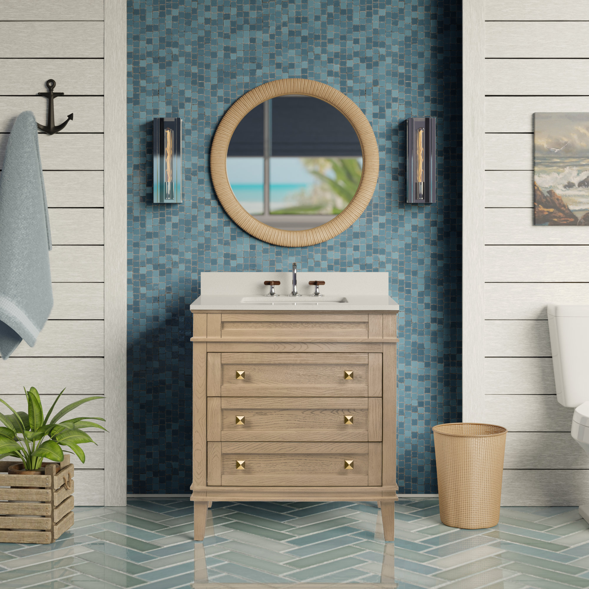 Frankfurt 30'' Single Bathroom Vanity, Engineered White, Greige Oak