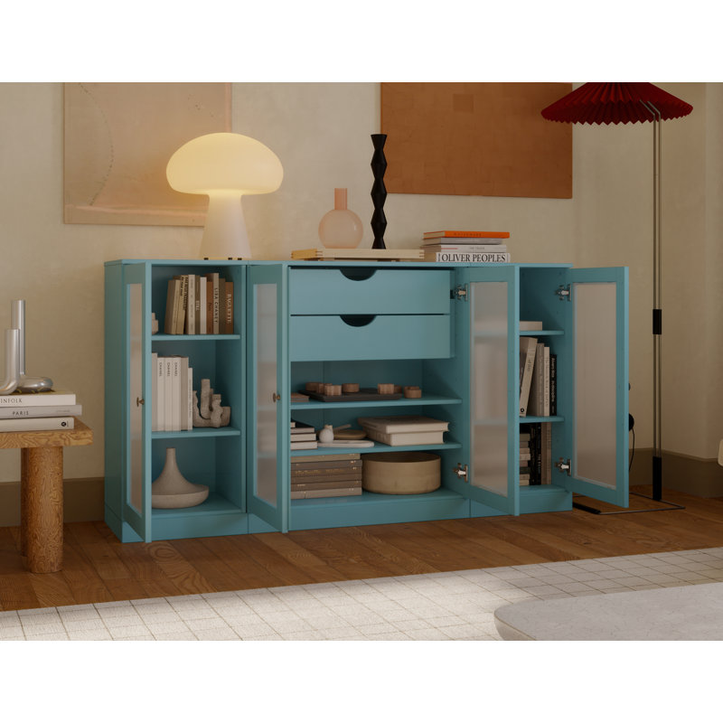 100% Solid Wood 65" Sideboard with Frosted Glass Doors, 2-Drawers and Adjustable Shelves, Aqua Blue