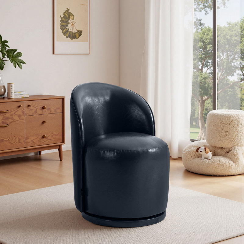 Faux Leather and Leather Swivel Barrel Chair, Navy