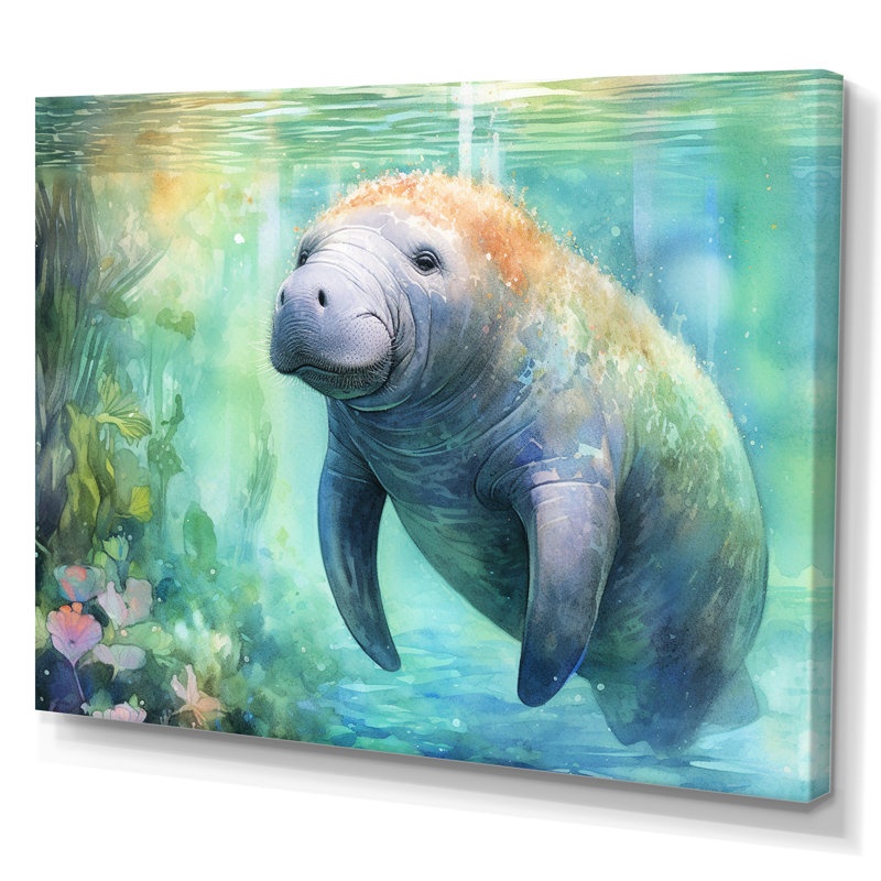 Gentle Manatee II - Art mural de lamantin pour le salon, Toile tendue, 34" H x 44" W