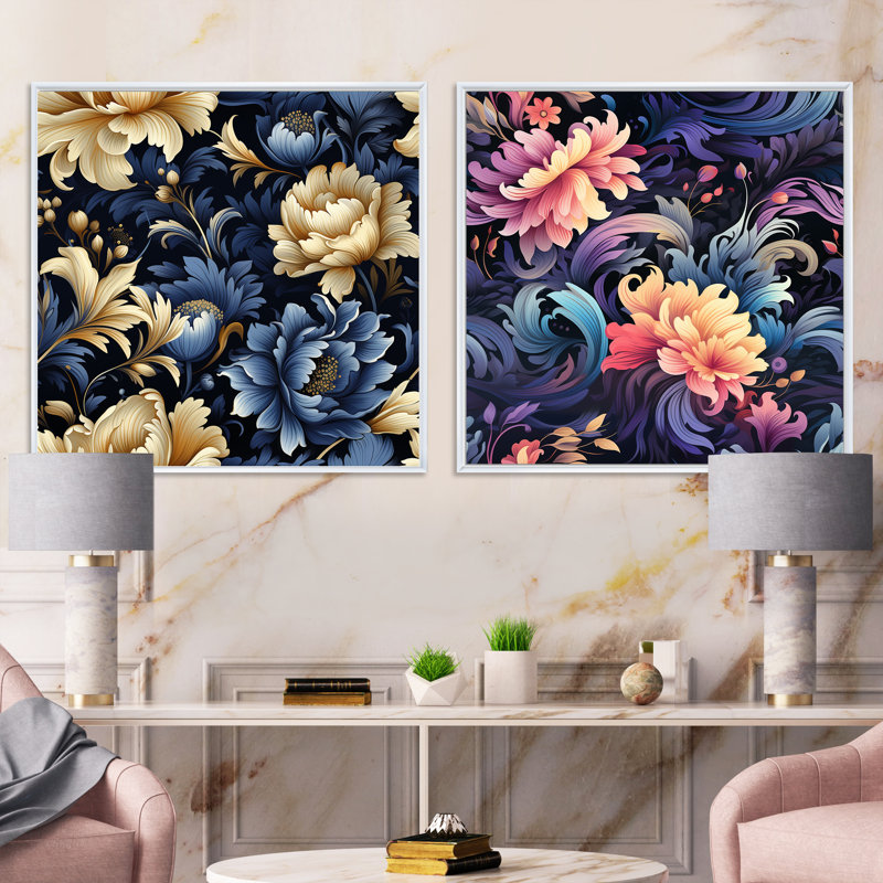 «Celestial Blue Damask Mirage» - Ensemble de 2 collages carrés botaniques abstraits, Cadre flottant blanc, H 30 po x l 61 po