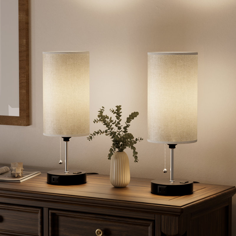 Lampe de table pour la chambre à coucher avec prise de courant et ports USB, lampe de chevet à abat-jour gris de 15 po à 3 couleurs pour la chambre à coucher, le salon et les ampoules incluses
