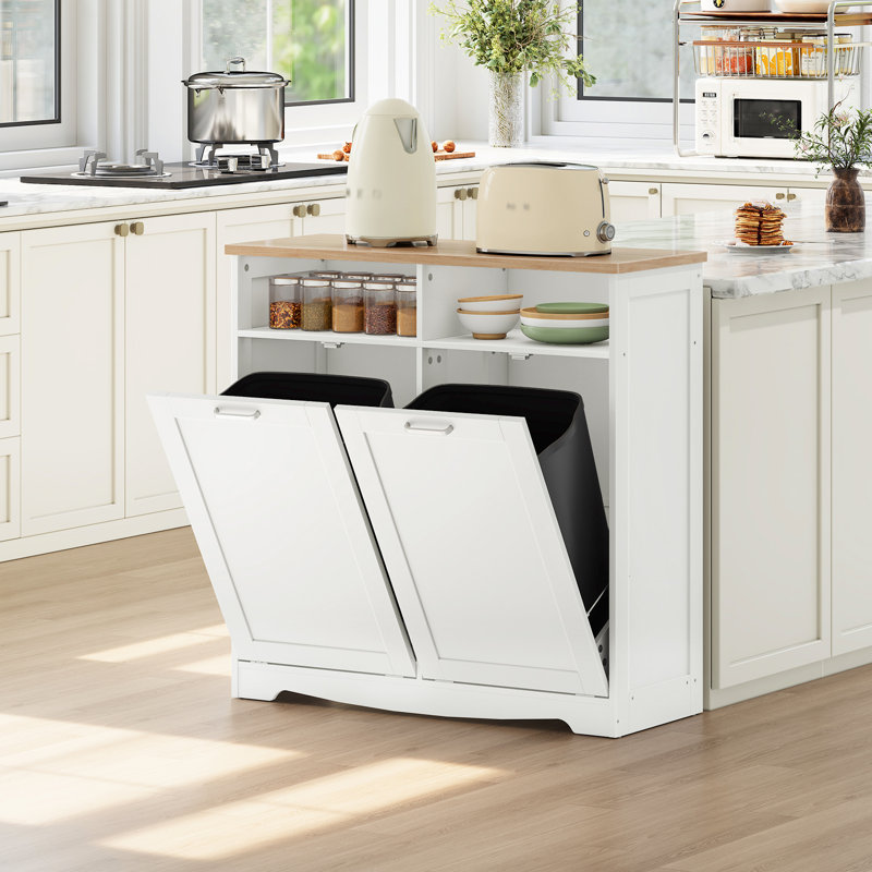 Double Tilt Out Trash Bin Cabinet, Farmhouse Kitchen Trash Can Cabinet, for 2*10 Gallon Trash Cans (Not Included), Hidden Trash Bin Storage with Open Compartments, Hidden Laundry Hamper Cabinet, for Kitchen, Laundry