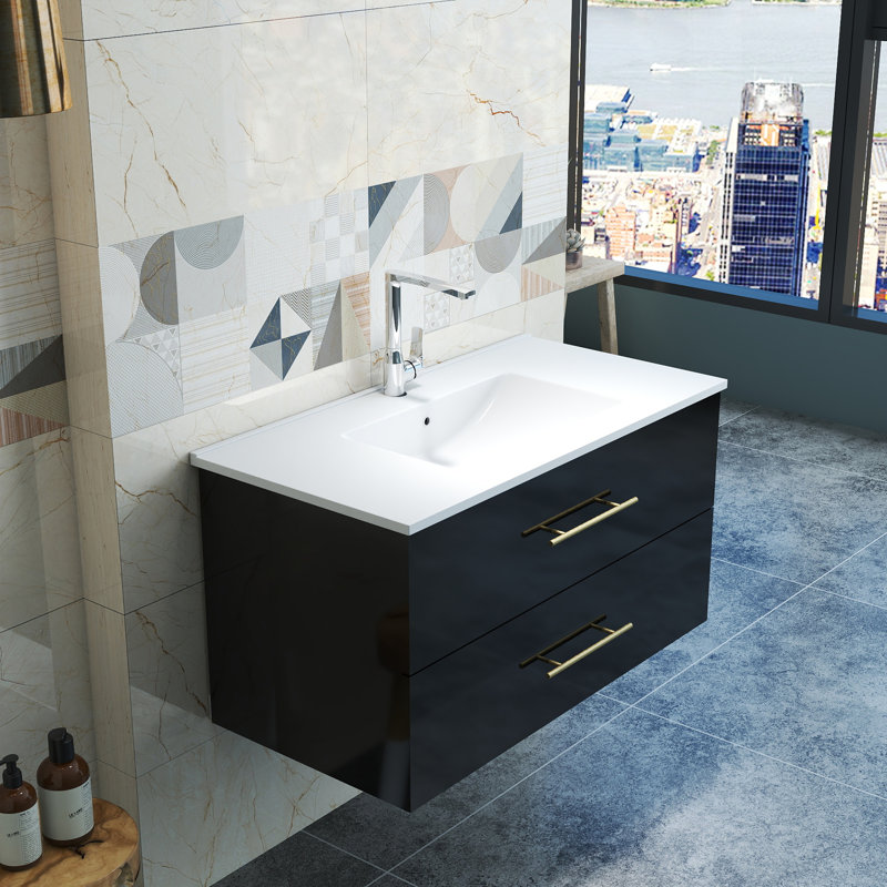 Ensemble de meuble-lavabo mural avec lavabo, Noir, 39"
