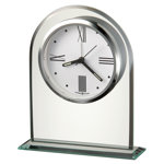 Regent Modern & Contemporary Tabletop Clock, Beveled Glass Arch on Glass Base, Roman Numeral Dial, Quartz Alarm Movement