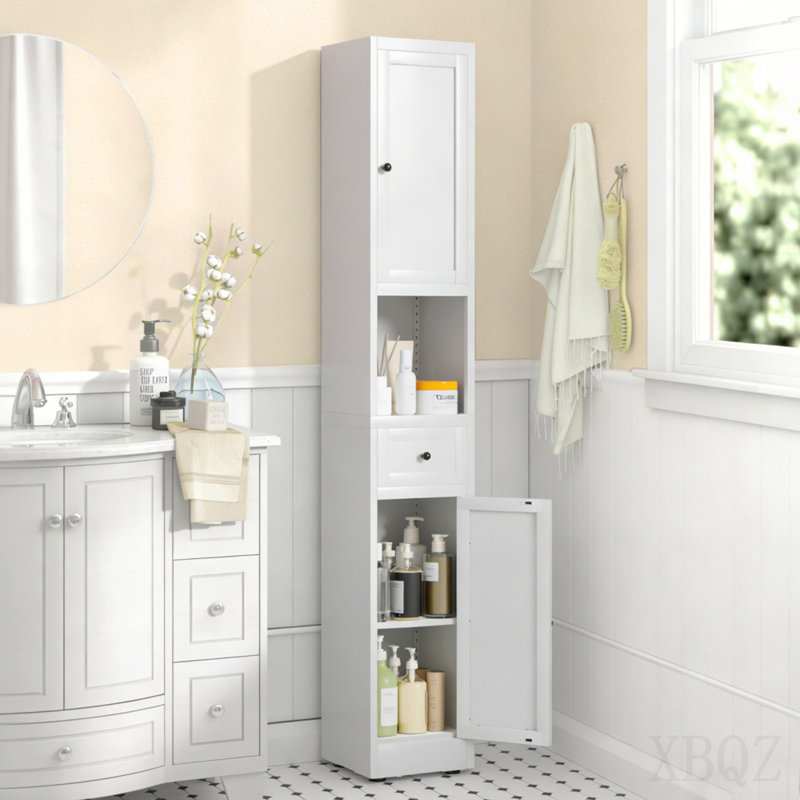 71 Inch Tall Bathroom Storage Cabinet, 5-Tier Narrow Metal Cabinet With 2 Doors & Adjustable Shelves, Freestanding Cabinet For Space Saving In Kitchen, Laundry Room, Pantry, White