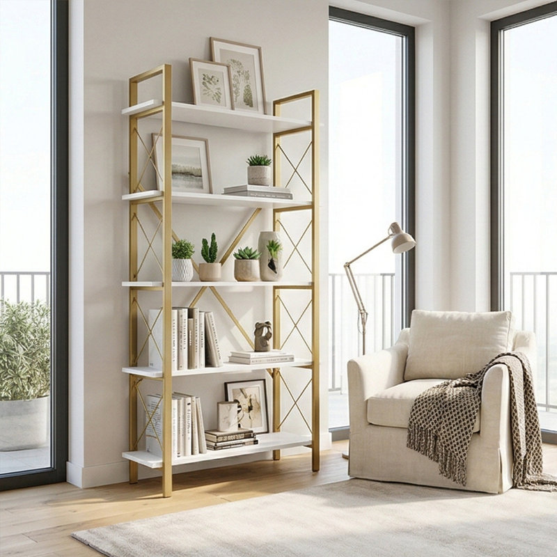 Urban Loft 5-Tier Multi-Purpose Display Etagere Bookcase, White/Gold