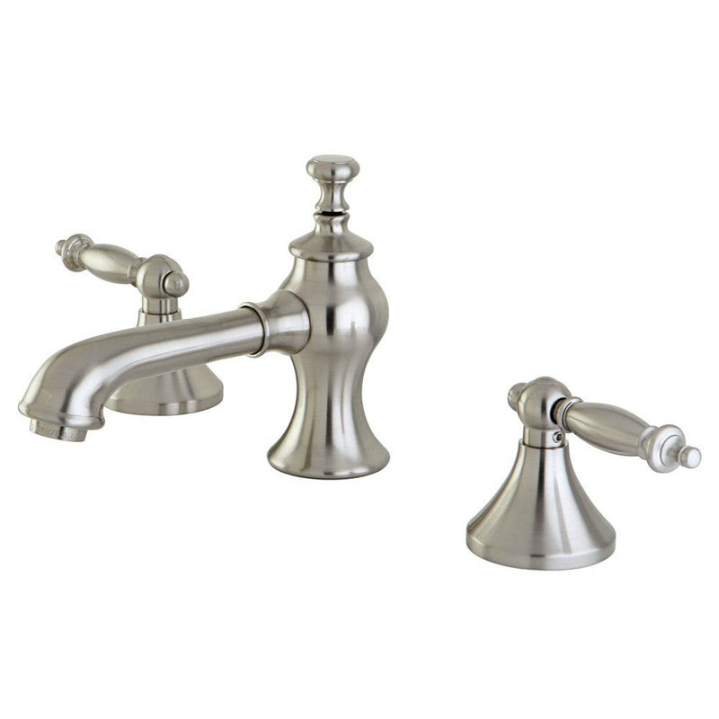 Kingston Brass Templeton Two-Handle 3-Hole Deck Mount Widespread Bathroom Faucet with Brass Pop-Up Drain, Brushed Nickel