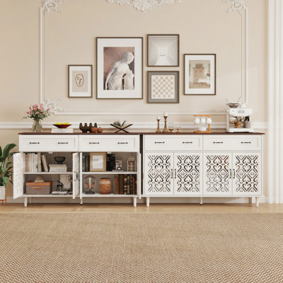 Vintage Sideboard Buffet Cabinet with Hand-Carved Geometric Doors, Distressed Light Wood Finish with Contrast Design, 2 Drawers 4 Doors Storage Cabine