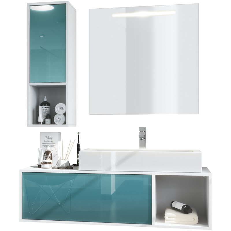 Jezelle Wall Bathroom Storage Furniture Set, High-gloss petrol, With washbasin and tap