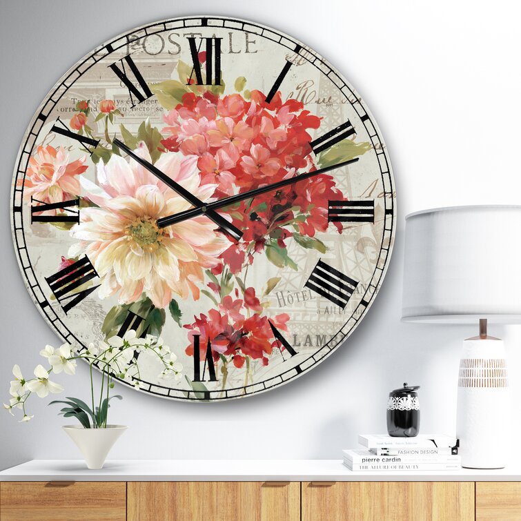 Red Painted Flowers on Vintage Postcard I - Traditional wall clock