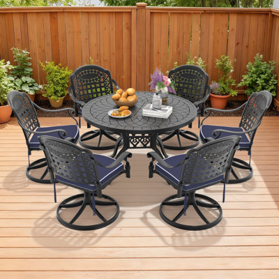 6-Person Outdoor 47.24" Round Dining Set with 6 Swivel Chairs, Blue Cushions