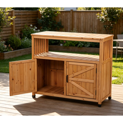 42 × 18 × 37 in. Wooden patio bar table solid wood buffet sideboard cabinet with storage slatted panel design for indoor outdoor deck backyard porch