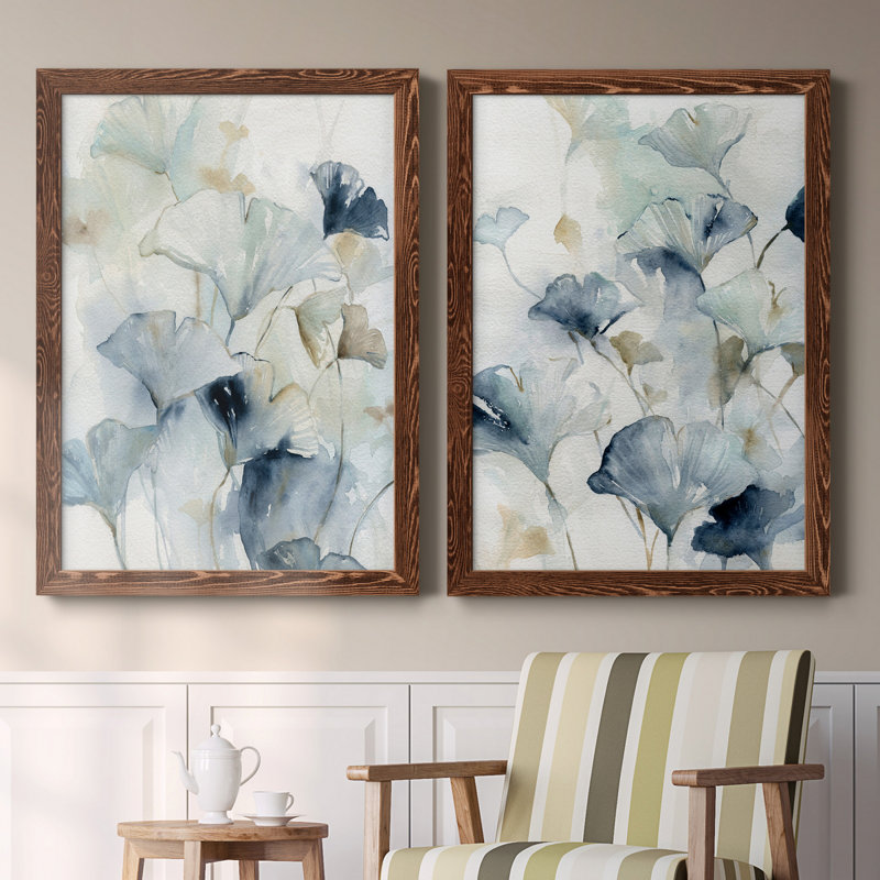 Indigo Ginkgo I - peinture sur toile 2 pièces, H 20 po x l 34 po x P 1,5 po, Cadre en érable