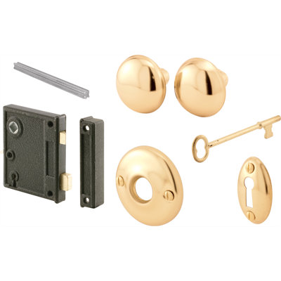 Prime-Line Vertical Trim Vintage Lock Set  Cast Steel Construction, Brass Plated Knobs, Antique Skeleton Key Locking System  2-1/2 in. Backset, Surface Mounted on Right-Hand Swing-In Interior Doors (1 Set)