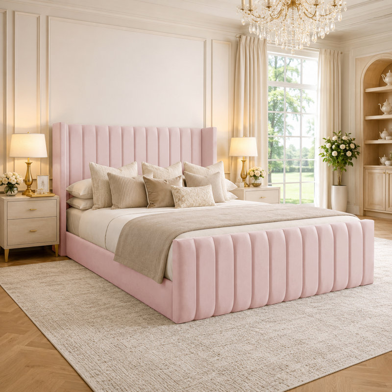 Upholstered Velvet Bed, Super King (6'), Pink