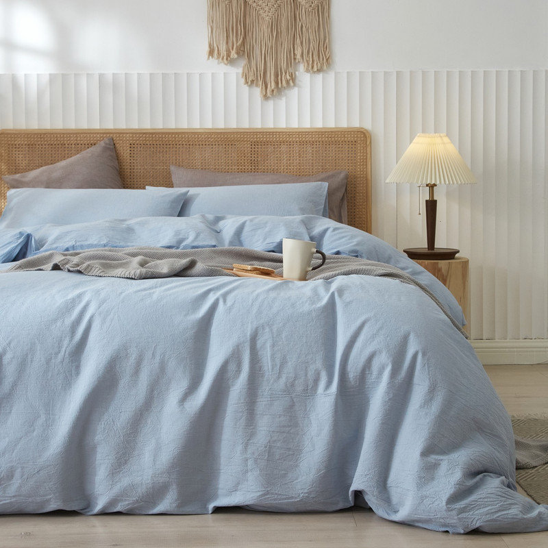 Ensemble de housse de couette 100% coton délavé LifeTown, Housse de couette double et 2 taies d'oreiller, Bleu bleuet