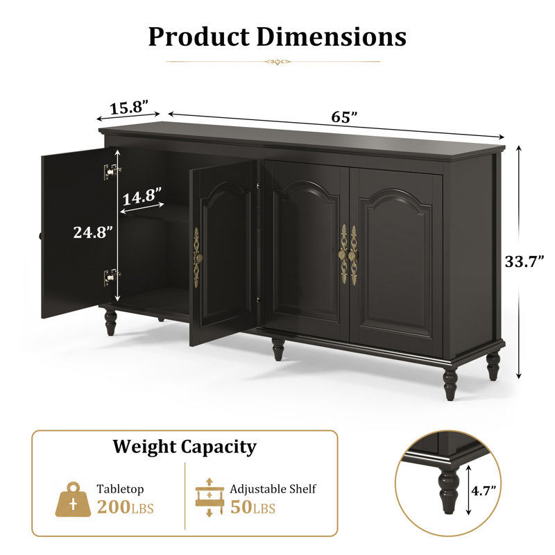 Buffet 65 po avec tablettes réglables et pieds en bois massif, Noir