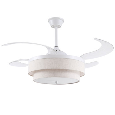 48 in White 2-Layer Fabric Shade Retractable Blades Invisible Ceiling Fan Light with Dimmable and Remote Control for Bedrooms and Living Rooms