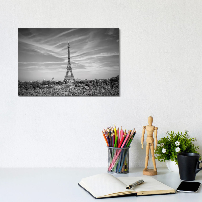 Eiffel Tower Skyline In Black And White by Melanie Viola - Wrapped Canvas Print, 20.32 cm H x 30.48 cm W