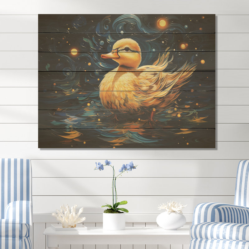 «Yellow Duck Starry Night Wonders» - animal canard sur bois, H 10 po x l 20 po