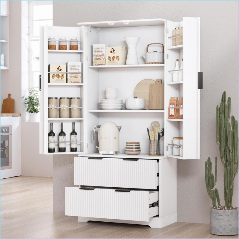 Armoire de cuisine | Organisateur de rangement 72 po blanc cannelé moderne avec 2 grands tiroirs Étagères à épices 8 portes | Panneau de fibres à densité moyenne | Tiroirs inclus