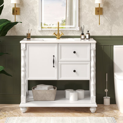 36" Single Bathroom Vanity With Integrated Ceramic Sink, Drawer, Cabinet, Open Shelf, And Solid Wood Legs