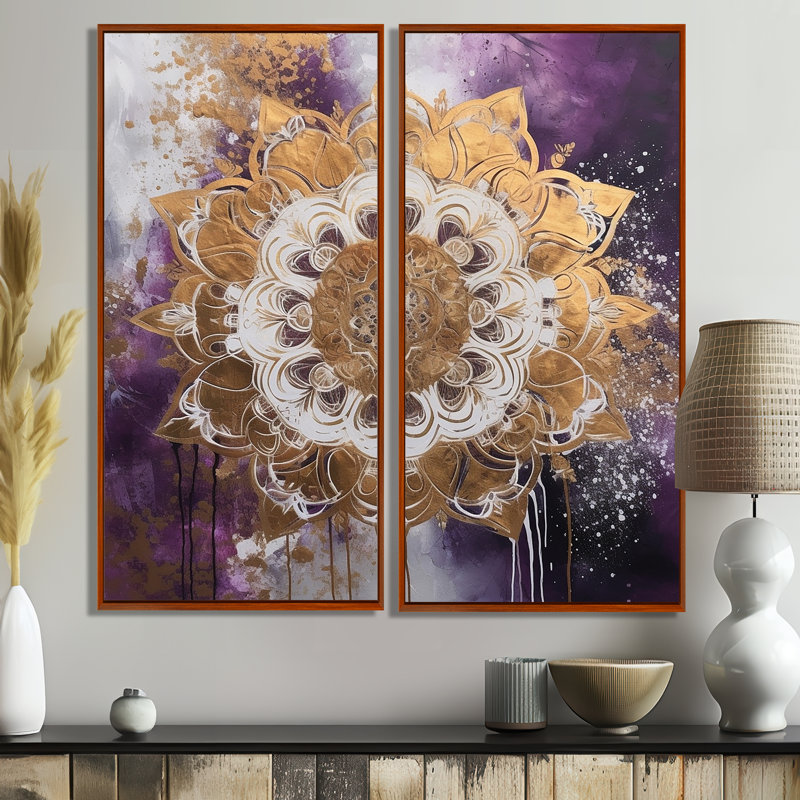 Mauve et or mandala II - art boho mandala sur toile, H 40 po x l 40 po, Impression encadrée flottante, Brun