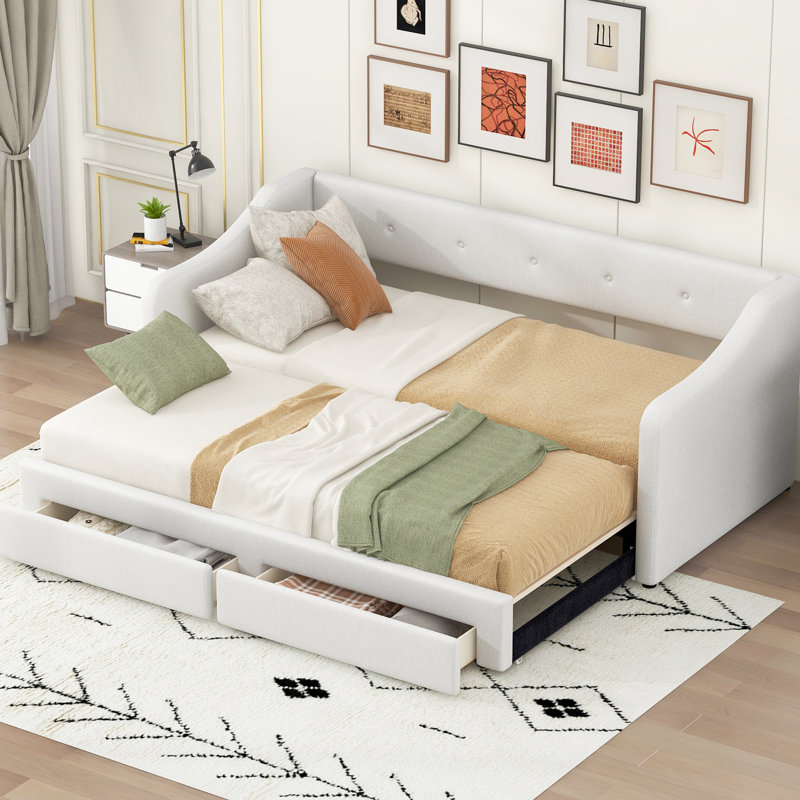 Expandable, Twin Xl To King, Beige, Upholstered Daybed, Two Drawers, Optimal Comfort For Back And Arms, No Spring Box Stylish Buttoned Design On Drawer, Foam Padding