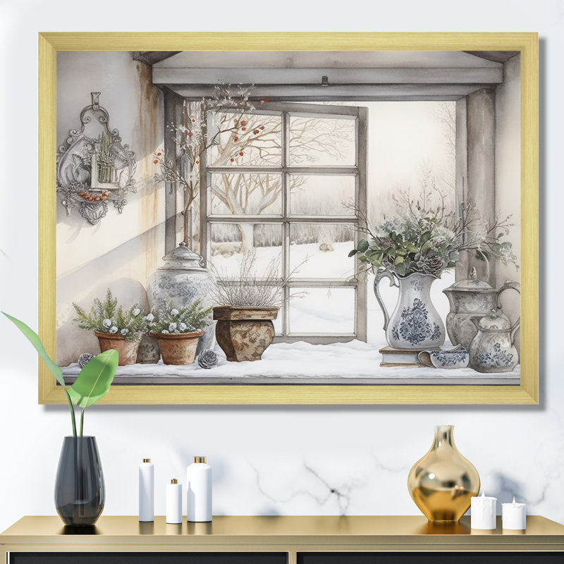 Fenêtres, charme scandinave d'hiver sur toile, Cadre doré simple, H 16 po x l 32 po x P 1 po